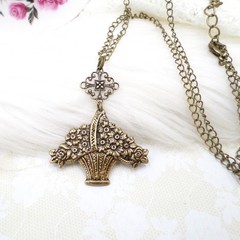 Flower Basket Necklace Antique Brass Handmade Floral Pendant Victorian Style