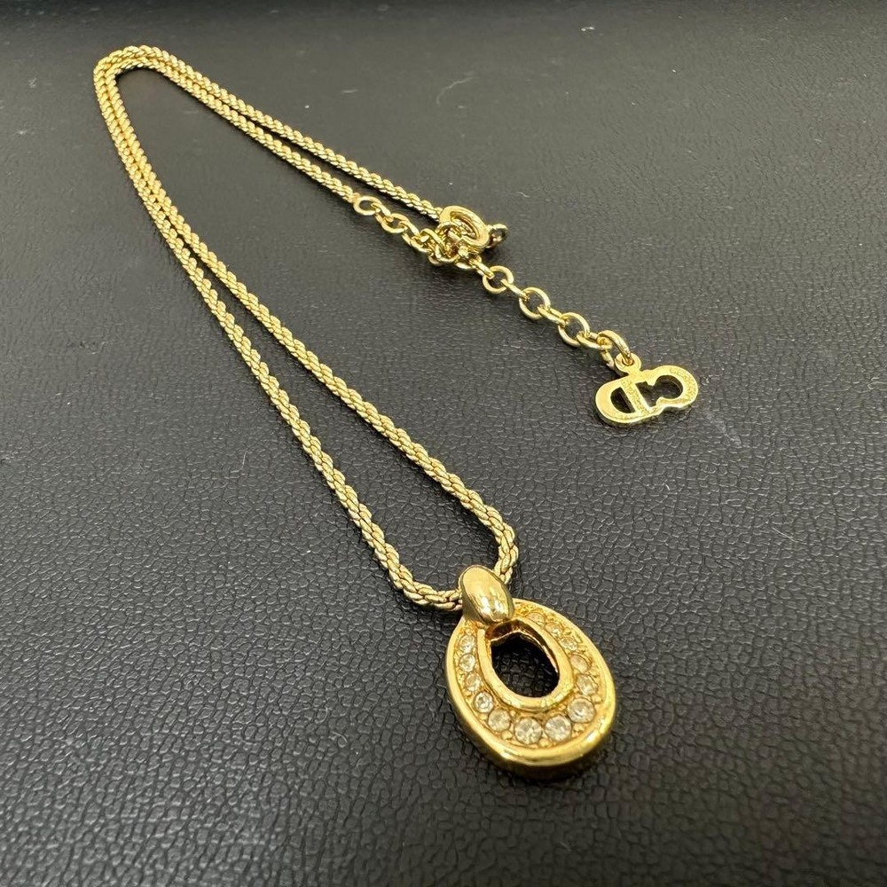 Christian Dior Oval Rhinestone Gold Necklace 39-44cm Vintage