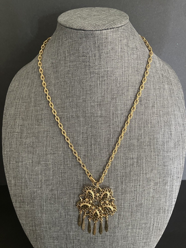 Vintage Womens Necklace Mid Century Tassel Pendant Gold Tone Career Boho