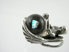 Vintage Unmarked Sterling Silver Angel Holding Opal in Resin Pendant 6.5g .75 In