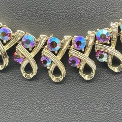 Vintage Mid Century Necklace Ribbon Link Design Gold Tone AB Rhinestone Unsigned