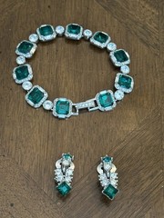 Vintage Bogoff Emerald Green Rhinestone Bracelet & Earrings Set Signed Nice!