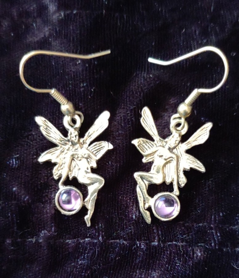 Goldtone Purple Fairy Earrings Winged Goddess Art Deco Gothic Dangle