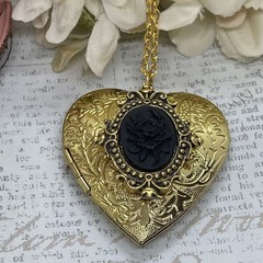 Gold Heart Locket GothIc Anniversary Wedding Witch Black Rose Cameo Necklace