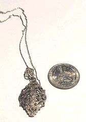 Edwardian Pendant / Necklace, Sterling Silver Filigree, Marcasites, 28 in. Chain