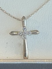Vintage Small 10K Solid Gold Cross Pendant With Diamonds & Thin Chain NEW