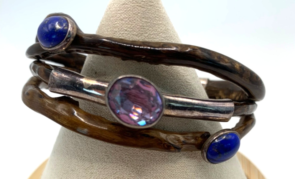 Unique Vintage OSCAR’S STERLING 950 Amethyst Lapis Lazuli Leather Cuff Bracelet