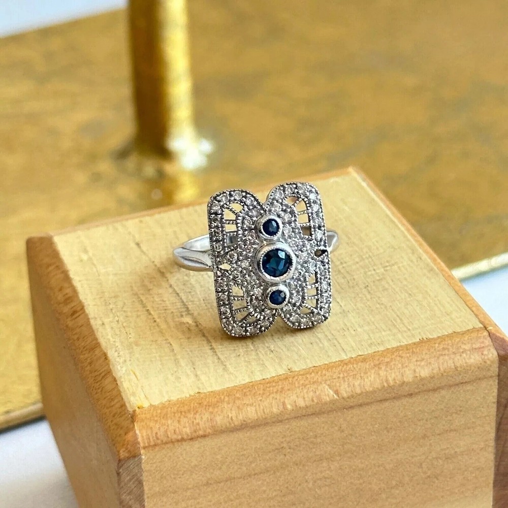 Art Deco Style Filigree Lab Created Sapphire Wedding 14K White Gold Finish Ring