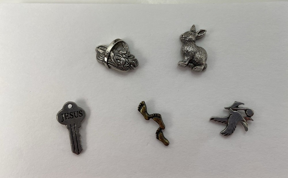 Vintage~Set of 5 Clutch Back Pin~Lapel Pin~Bunny~Footprints~Dove~Flower basket
