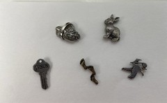 Vintage~Set of 5 Clutch Back Pin~Lapel Pin~Bunny~Footprints~Dove~Flower basket