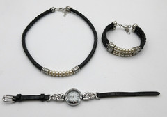 VTG Set Lot PREMIER DESIGNS NECKLACE BRACELET WATCH Faux pearl black silver tone