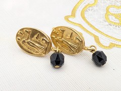 Vtg Erwin Pearl Earrings Medallion Drop Dangle Gold Tone Etruscan Greco Roman