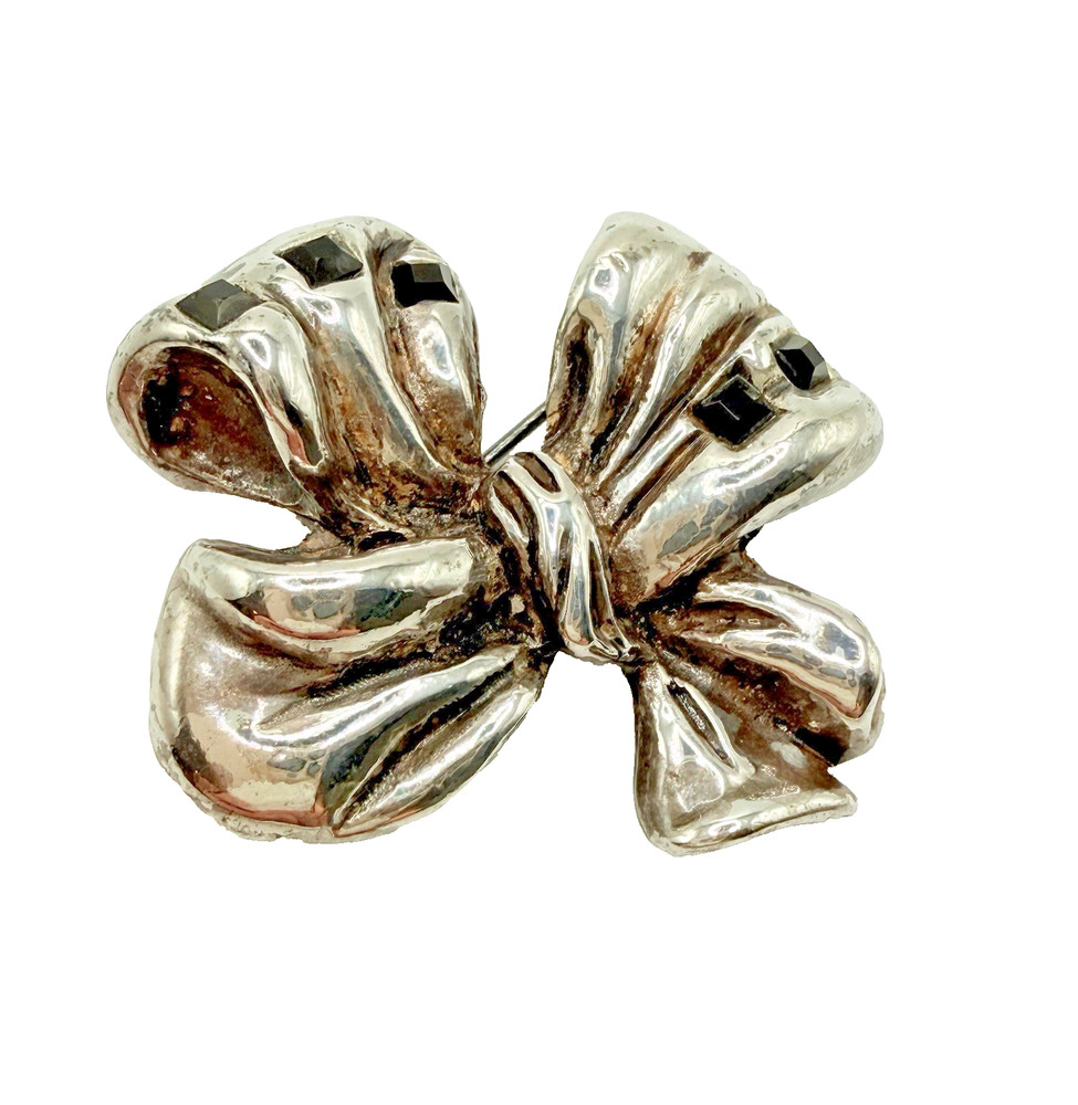 Vintage LANVIN Paris Bow Brooch Silver Tone Black Stone Signed Designer Pin 2 in