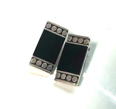 Black Onyx Art Deco Clip On Earrings Geometric Vintage Sterling Silver 925 #05