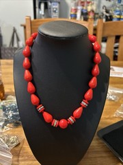 Vintage Vibrant Red Glass Ball &Tear Drop Bead Necklace Rhinestone Rondel Accent