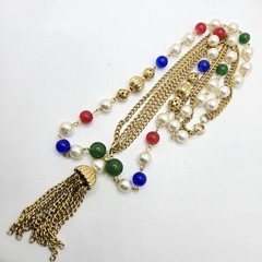VTG Multi-Strand Layered Tassel Necklace Colorful Glass Beads GoldTone Statement