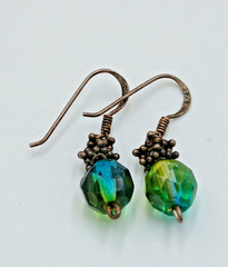 VTG 925 Faceted Glass 1in Drop Earrings Sterling Silver 2gtw Blue Green Swirl