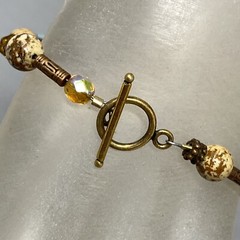 Stone Bracelet Brown Speckled Gemstone Glass Beads Bali Tubes Toggle Vtg 7″