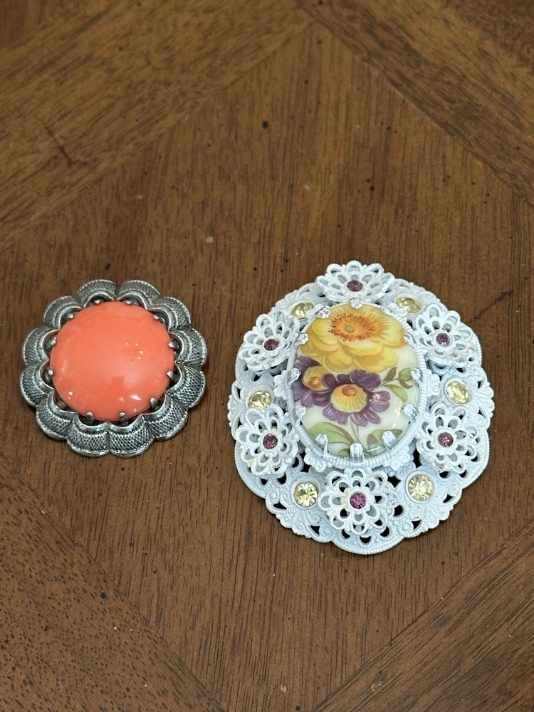 Vintage Western Germany Floral Enamel Brooch & Coral Tone Cabochon Brooch Lot!