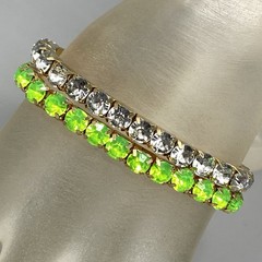 Rhinestone Stretch Bracelet Lime Green Clear Acrylic Prong Set Gold Tone 7″
