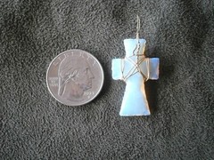 Opalite Milky White Vintage Goldtone Wire Wrapped Cross Pendant 2.4g