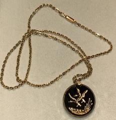Vintage German Intaglio Glass Duck Pendant Necklace Gold Scene 24” MCM 1950s