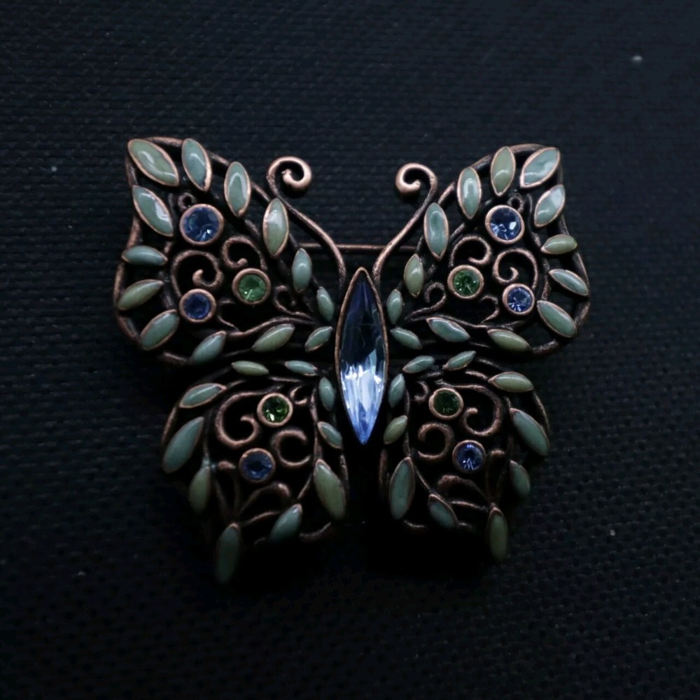 Butterfly Brooch Rhinestone Enamel Copper Open Work Metal Vintage