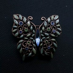 Butterfly Brooch Rhinestone Enamel Copper Open Work Metal Vintage