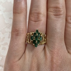 14K Natural Emerald Ring, Yellow Gold, 1 TCW Marquise Cut F2, Vintage Artisan