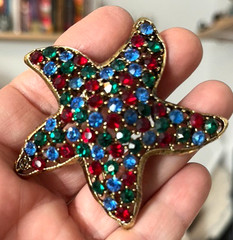 Vintage WEISS signed Red, Green, Blue Colored Starfish Crystal Rhinestone Brooch