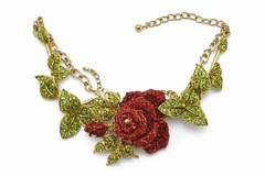 Vintage Red Rhinestone Rose Necklace Bracelet Set Gold Tone Floral Statement Jew