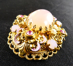 Vintage West Germany Opaline Pink Glass & Rhinestone Filigree Pin Brooch Oval