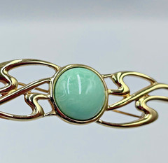 Vintage Monet Brooch Pin Mint Green Cabochon Gold Tone Leaf Signed 1970s 1980s