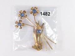 Vtg Ladies Hand Holding Flowers Brooch w Blue Crystal Rhinestones Floral Bouquet