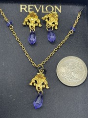 Vintage REVLON SET Gold Tone Purple Crystal Dangle Pendant Necklace Earrings