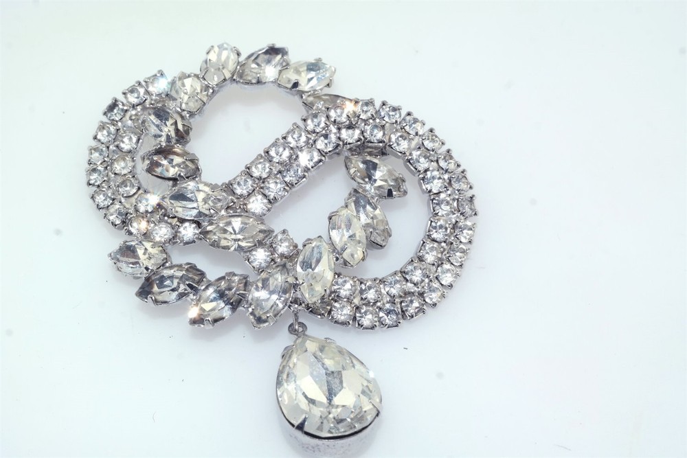 Vtg Tear Drop Tassel Round & Marquise Rhinestone Silver Tone Brooch Pin