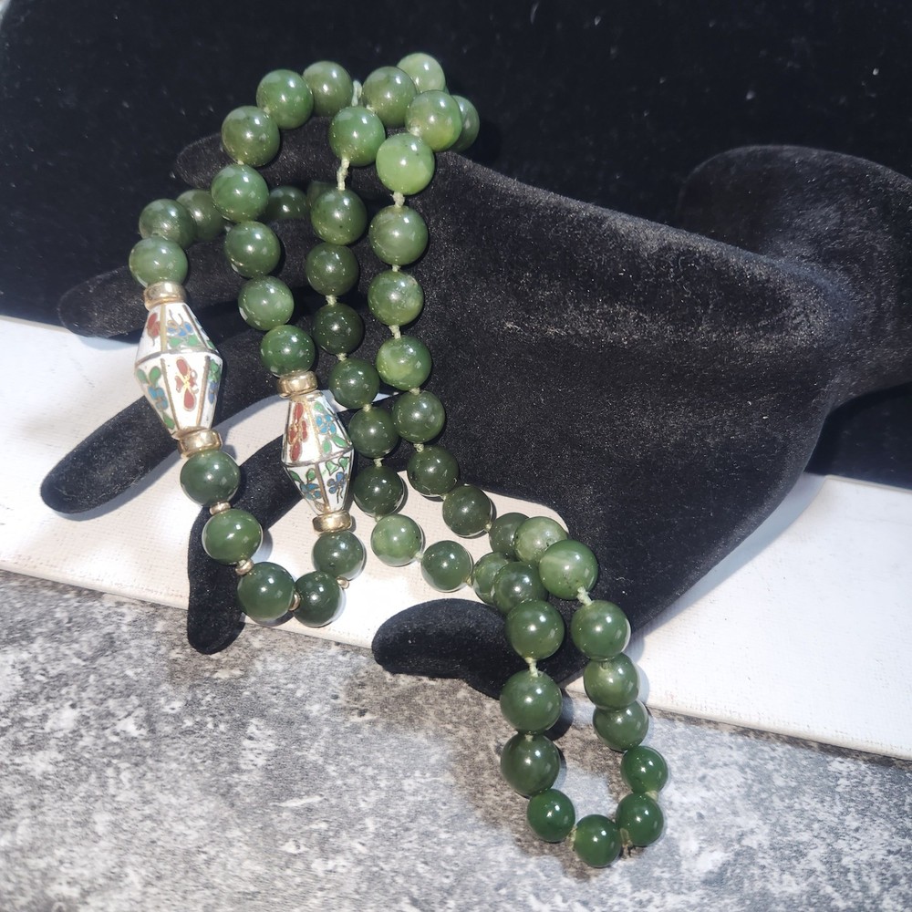 Green Nephrite Jade Beaded Necklace Floral Cloisonne Enamel Accents 26in