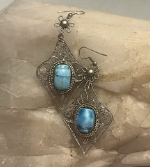 Vintage Egyptian Revival Turquoise Scarab Silver Filigree Bracelet/Earrings Set