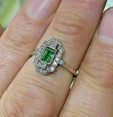 Art Deco Style Created Diamond & Emerald Engagement 14k White Gold Finish Ring