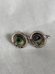 Vintage Sun Eagle Abalone Shell Cufflinks Silver Tone Round Japan Men’s Jewelry
