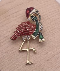 Vintage Christmas Flamingo Aurora Borealis Rhinestone Santa Hat Goldtone Brooch