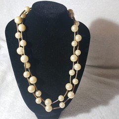 Cream Faux-Pearl Metal Tube Beaded Double Strand Layered Necklace Unsigned