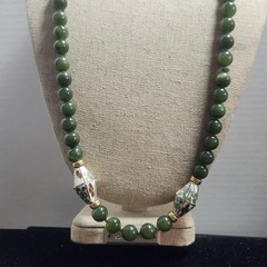 Green Nephrite Jade Beaded Necklace Floral Cloisonne Enamel Accents 26in