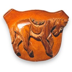 Leather & Carved Wood, Wooden Horse Brooch, Bakelite Era Equestrian Figural Pin