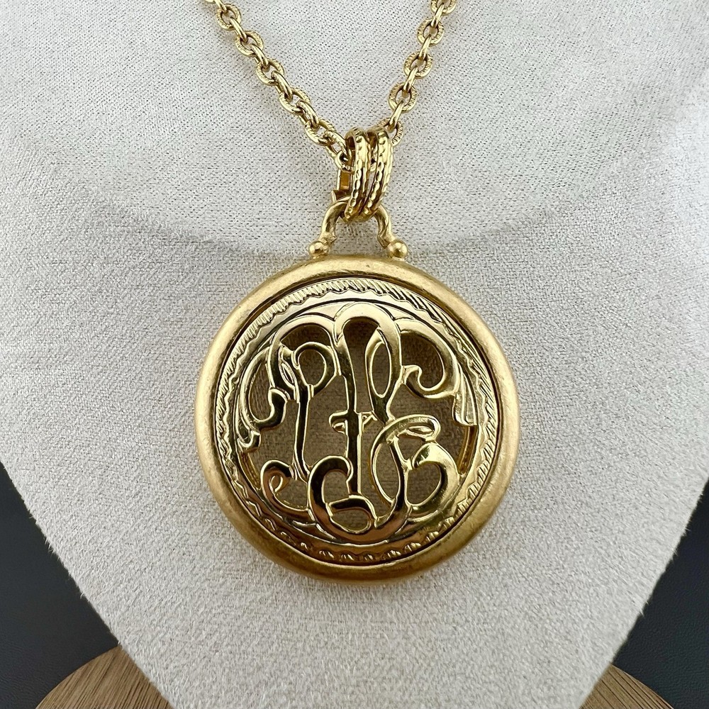 Vintage Monogram Necklace Victorian Revival Pendant Gold Tone 36”