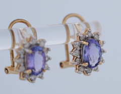 14K Yellow Gold Oval Tanzanite & Diamond Omega back Earrings, 3.3 grams