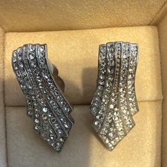 Vintage Silver Tone Rhinestone Pavé Clip-On Dangle Drop Earrings Round Clear