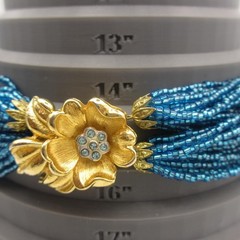 Vtg Glass Sead Bead Necklace Rhinestone Clasp Blue Multistrand Gold Tone 15 Inch