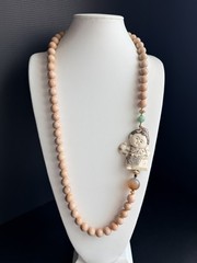 Vintage Necklace Pink Gemstone Flatback Carving Asian Figure 36” RO-DO NOS BL
