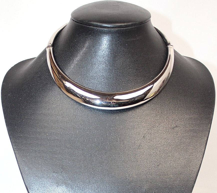 LANVIN Vintage Minimalist Choker Necklace Polished Silver Chrome Finish